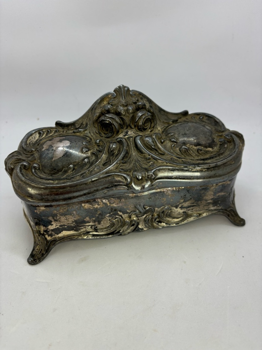 Vintage Casket Trinket Jewelry Box-Art Nouveau Floral Silver Plated Design